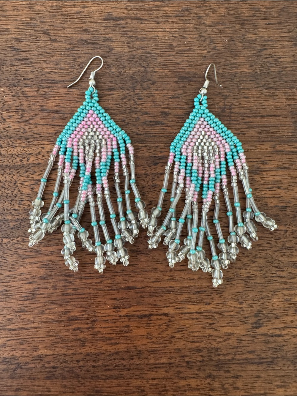 Handmade Turquoise & Pink Beaded Fringe Earrings
